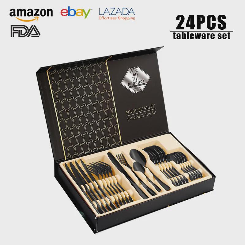 24-teiliges titanbeschichtetes Edelstahl-Besteckset: Messer, Gabel, Löffel in Klappbox (1010 Serie)