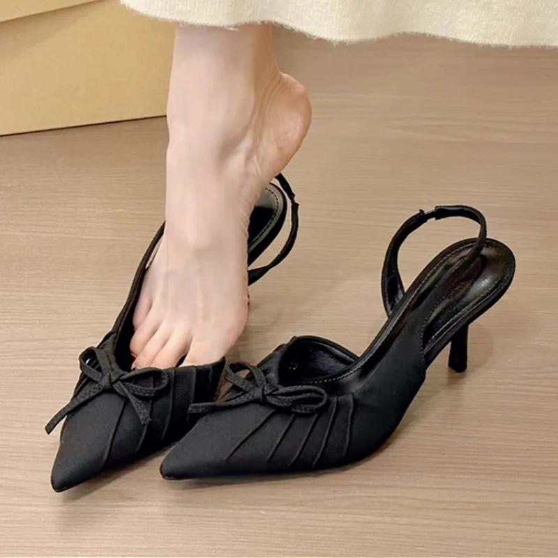 Leopard Pointed Toe Bow Women Shoes High Heels Sandals Elegant Summer Mules 2025 Designer Dress Party Shoes Woman Sexy Pumps