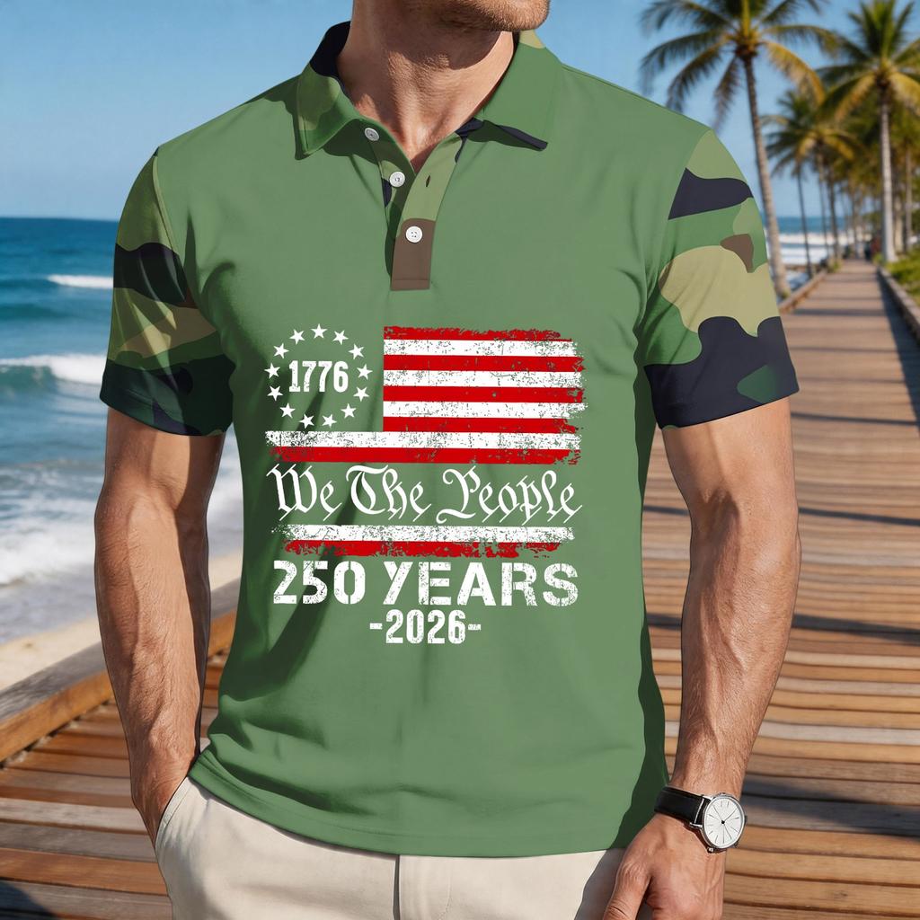 Men's Loose Fit Casual Short Sleeve Polo Shirt with National Flag Print Comfortable Lightweight Summer Top