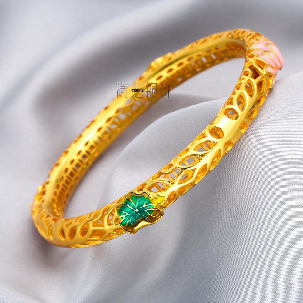 Vietnamese Sand Gold Enamel Lotus Bracelet – Brass, Gold-Plated, Hollow Design with Painted Lotus Leaf & Flower, Women's National Trend Style.