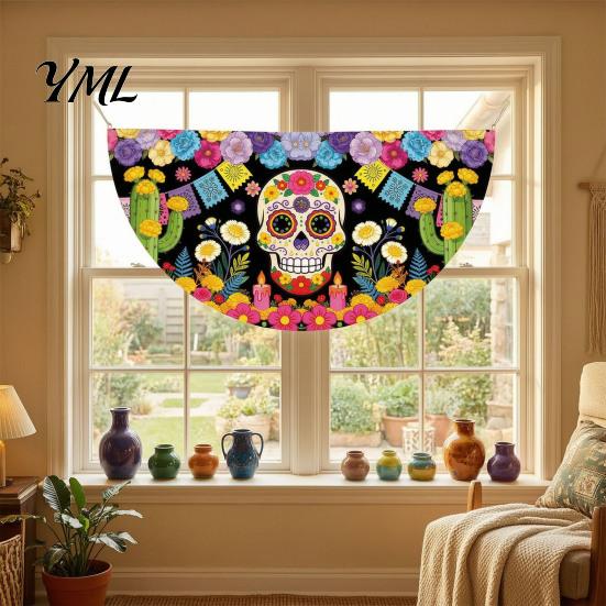 Durable Polyester Bunting Day of The Dead Skull Banner, Marigold Print Fiesta Decorative Wall Hanging Flag, Colorful Sugar Outdoor Yard Party