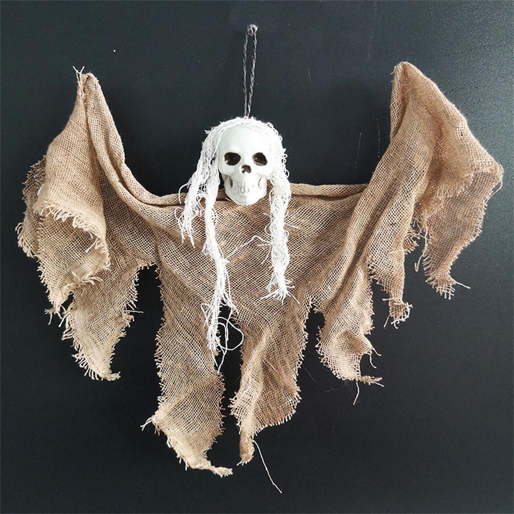 Halloween Hanging Ghost Decoration with Mesh Fabric and Skull Head for Indoor Outdoor Party Haunted House Props