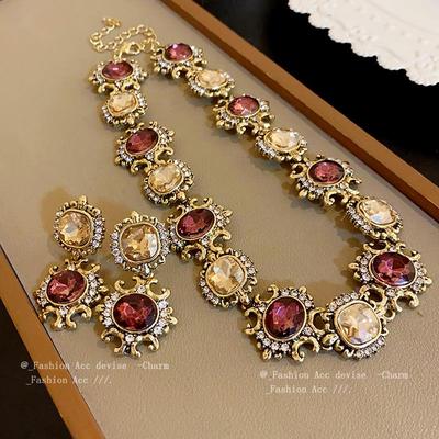 Vintage Strass Patchwork Halskette Set - Retro Hofstil Schlüsselbein Schmuck