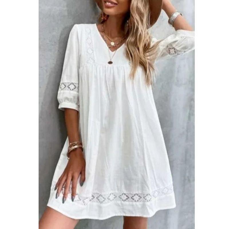 

Маленькое свежее европейское и американское платье Amazon с V-образным вырезом, модное белое платье с ажурной вязкой, свободное платье с коротким рукавом, платье для девочки White 2XL