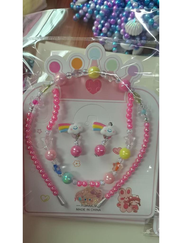 Colorful Pearl Necklace and Jewelry Set: Beaded Bracelet, Cartoon Headband, Earrings - Princess Accessories for Girls