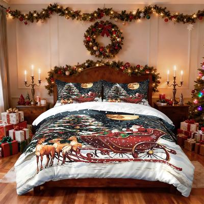 3pcs Santa Claus Reindeer Red Print Coreless Duvet Set Multi Size Bedroom Bedding Holiday Decoration Soft Machine Washable