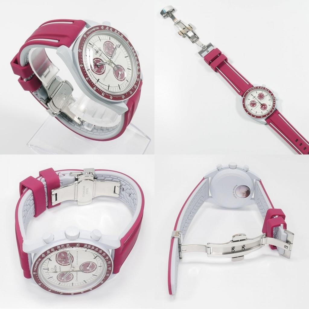 Swatch x Omega compatible rubber strap with type D-buckle, W-line (wine red/gray line)