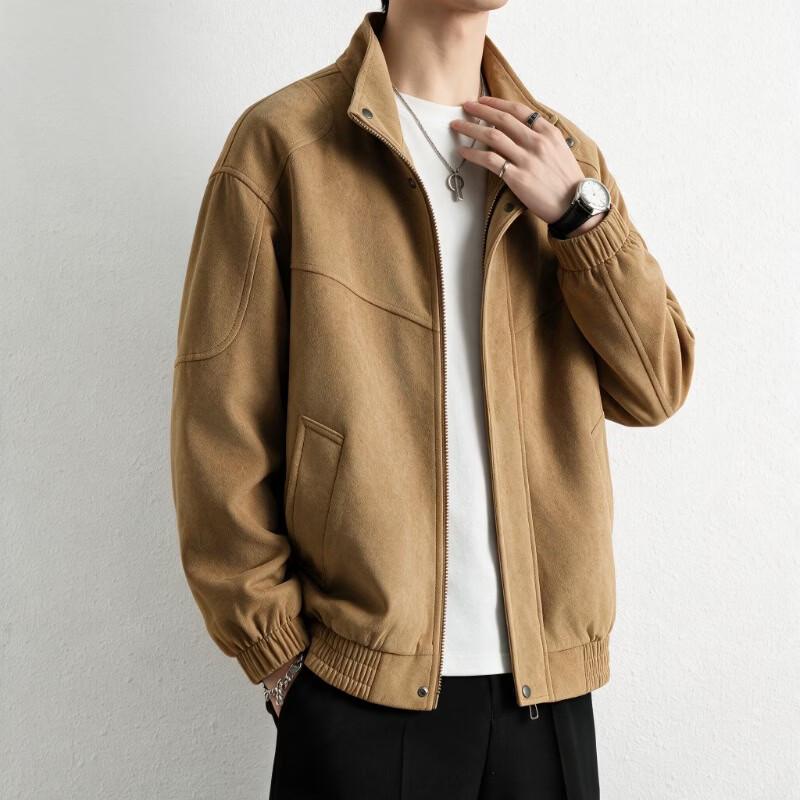 Firstview Men's Stand Collar Suede-Look Multi-Pocket Casual Jacket
