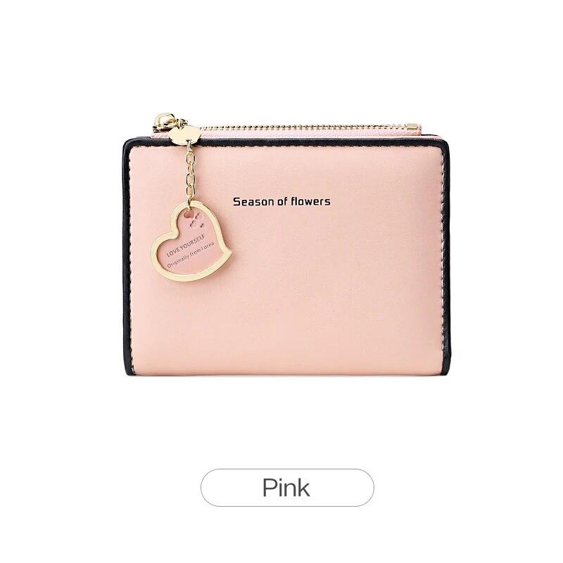 Women'S Small Wallet Double Fold Ultra Thin Zero Wallet Zipper ID Bag, Contrast Color Love Pendant Short Card Bag