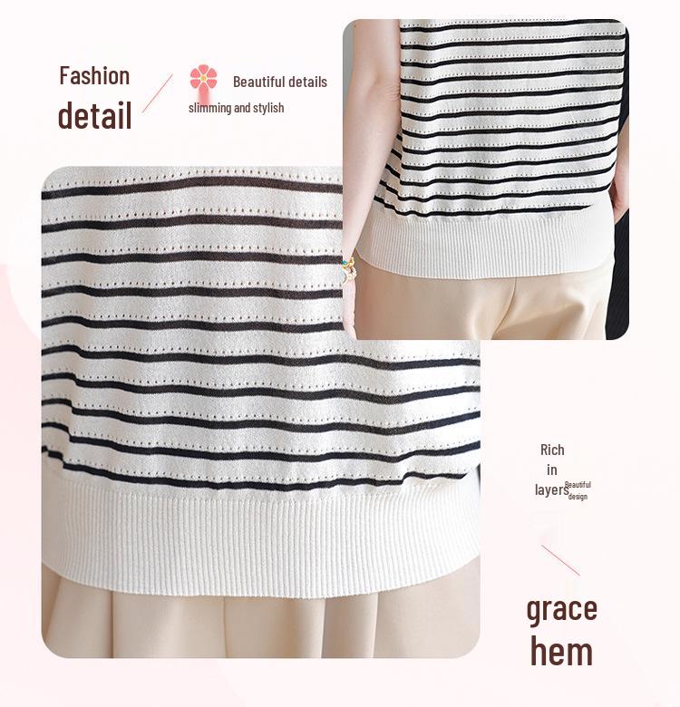Mom's Summer Striped Short-Sleeve Ice Silk Knit Top