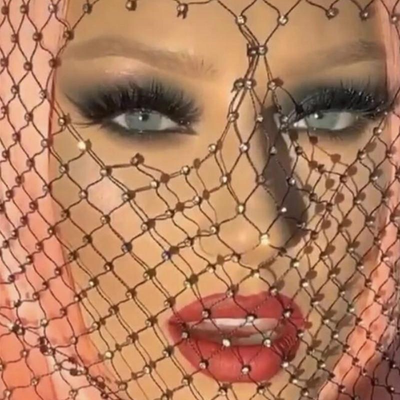 European and American  Electric Syllable Women's Clothing Popular Mesh Diamond Headscarf Mask