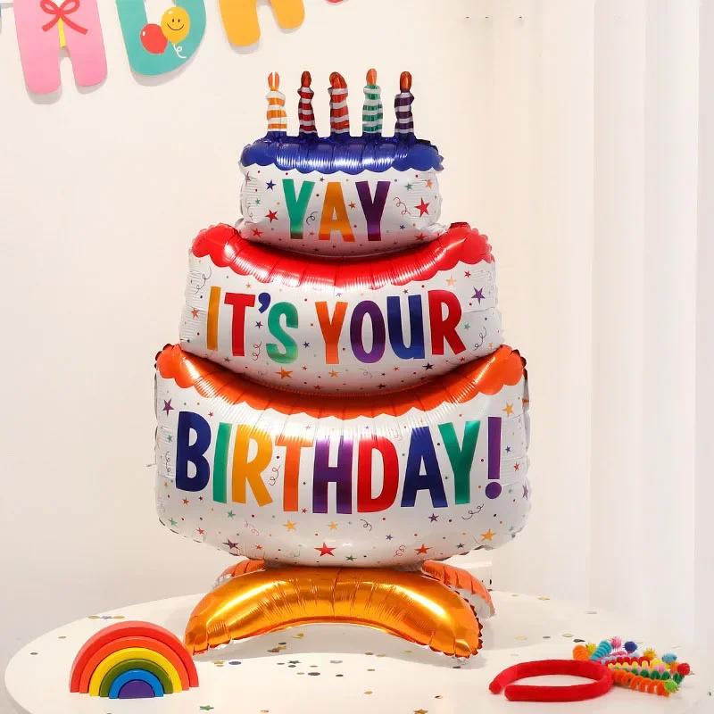 1pc-Birthday Balloons Colorful Candles Three Tier Cake Aluminum Foil Balloons Birthday Party Decoration Supplies