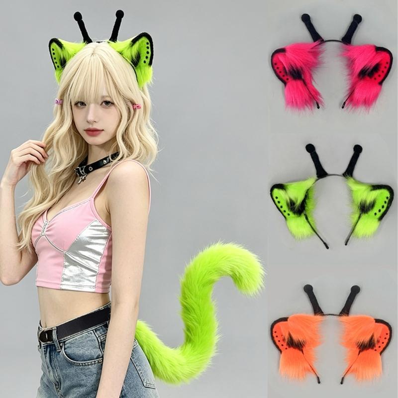Furry Faux Furs Cats Ears Headbands Foxes Tail Animal Cosplay Costume Plush Alien Creature Costume Accessory for Roleplay Looks, Cosplay Gatherings,
