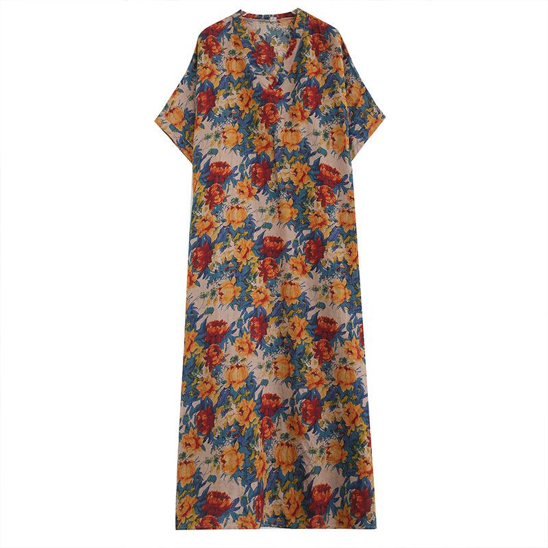 Summer V-neck Cotton and Linen Loose Dress