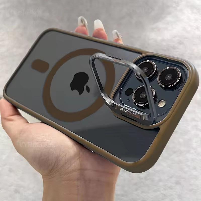 Metal Holder Phone Case For iPhone 17 16 15 14 13 12 11 Pro Max Plus Air For Magsafe Transparent Magnetic Lens Protection Cover