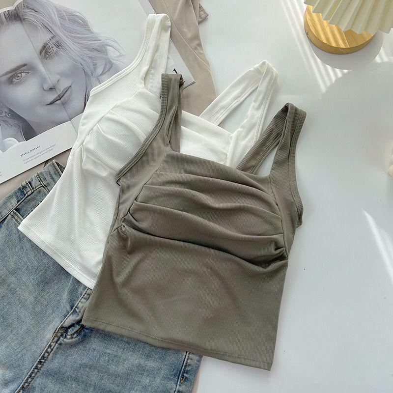 Korean Ruffled Spaghetti Strap Women's Tank with Chest Pads - Sexy Backless Slimming Base Layer