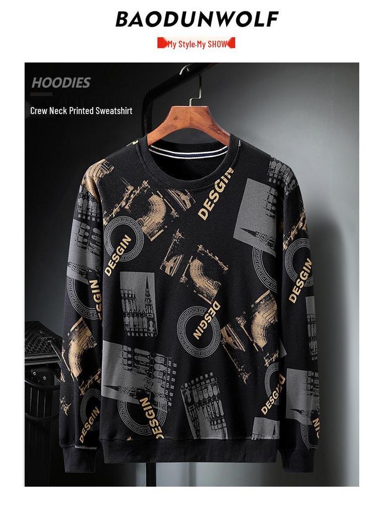 Plus Size Men's Crew Neck Sweatshirt - Loose Fit, Trendy Print for Spring & Autumn