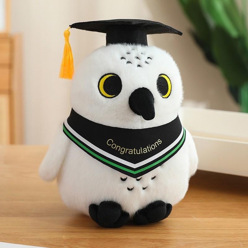 Plush Graduation Owl Toy  Doctoral Cap Embroidered Logo Academic Gift Keepsake