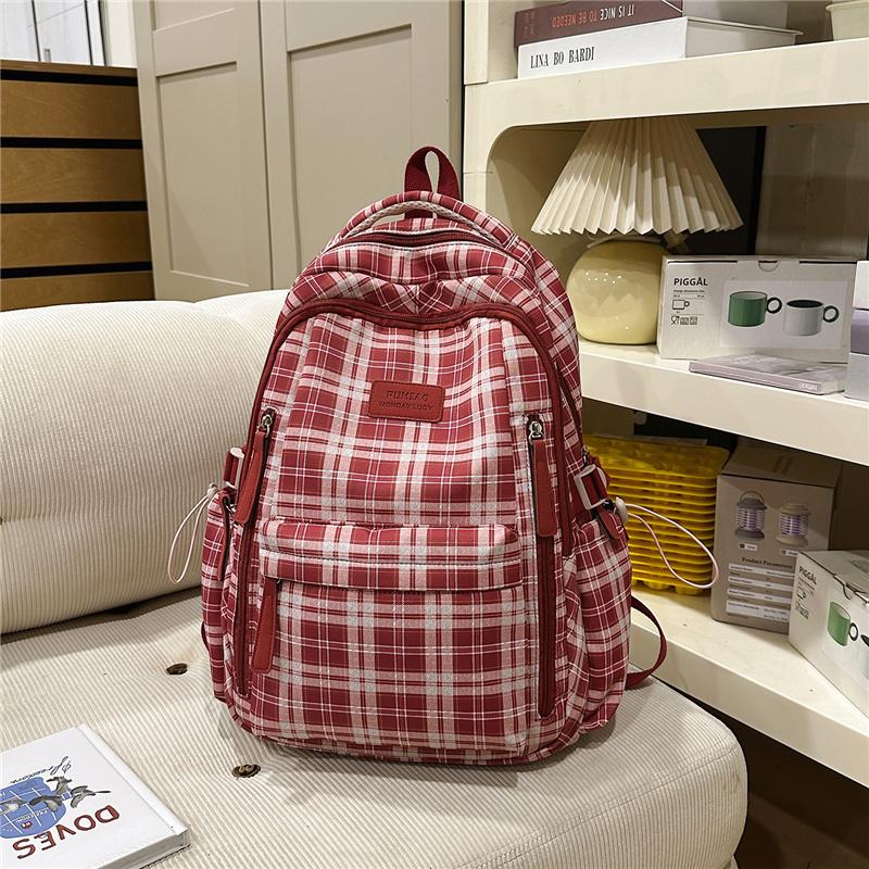 Винтажный клетчатый рюкзак в стиле колледжа, женский многосекционный рюкзак красный