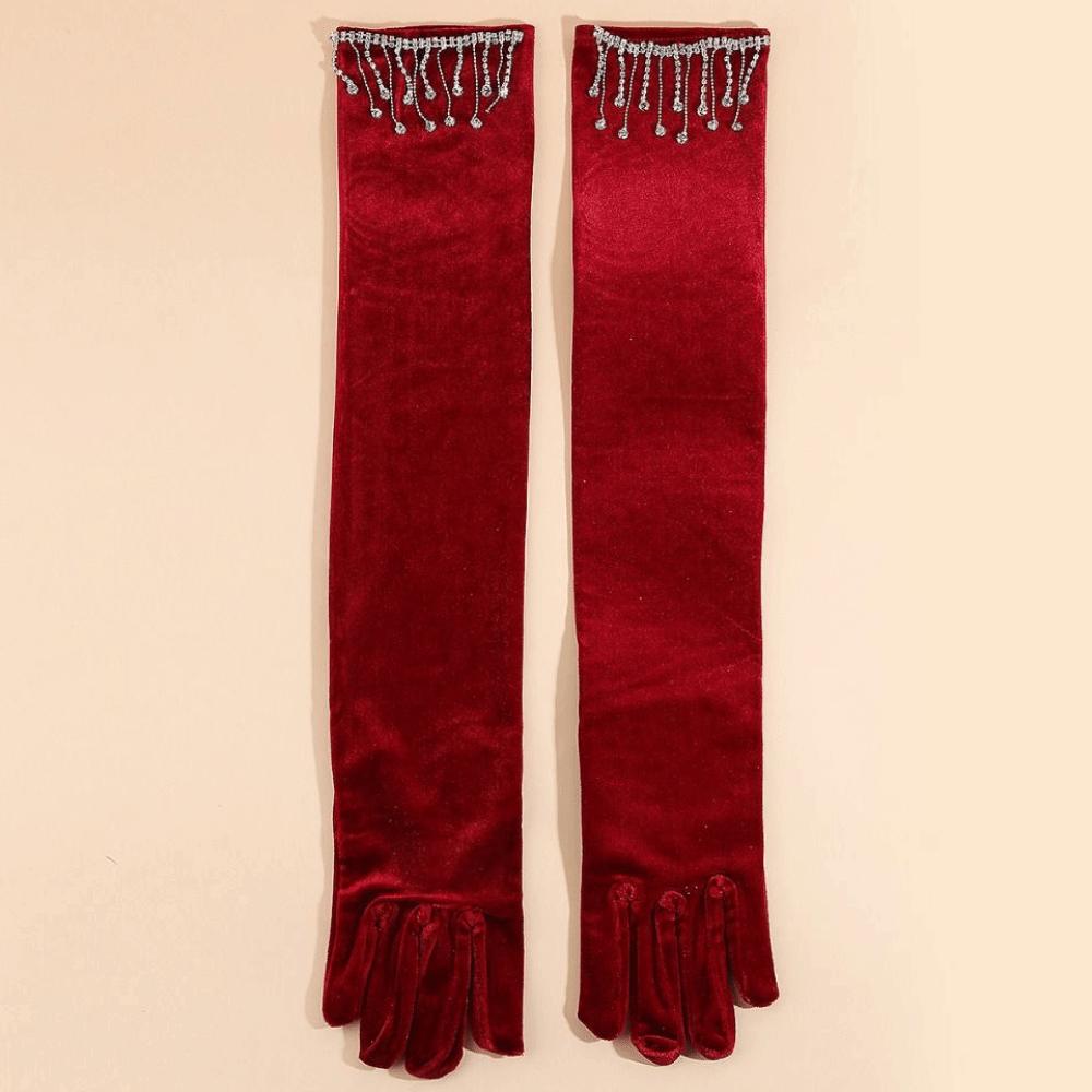 Solid Color Velvet Long Gloves Rhinestone Tassel Evening Dress Gloves  Dress-Up  Accessories