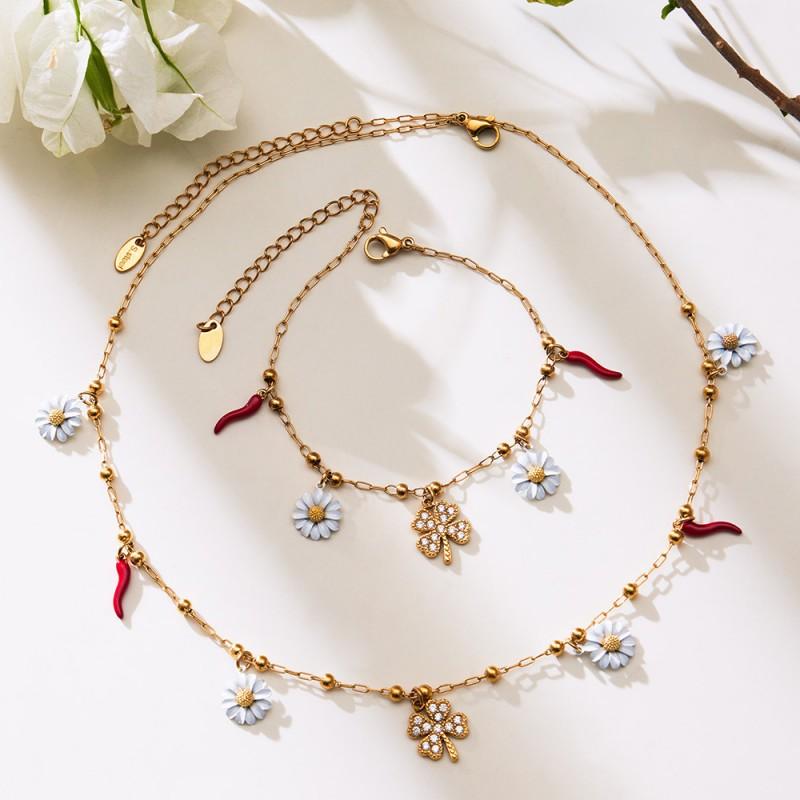 Stainless Steel Lucky Clover Daisy Pendant Necklace Bracelet Set Women Gold Mixed Color Fashion Jewelry