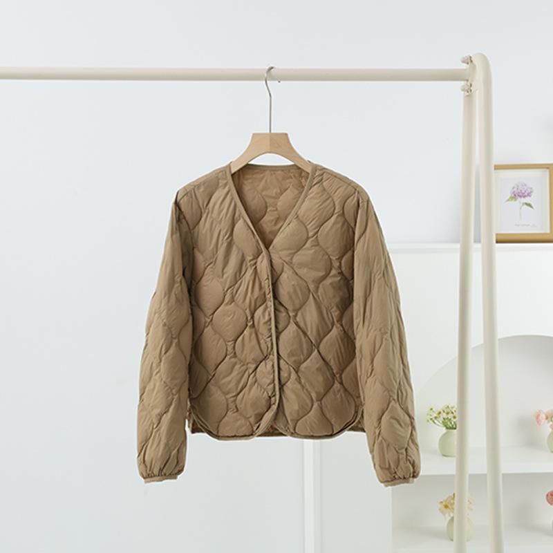 Autumn and winter new simple V-neck casual light and thin short down jacket women's jacket versatile collarless light and thin liner