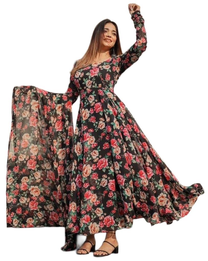 Modestouze Attires Floral Printed Georgette Anarkali Kurta Set with Dupatta, Full Sleeve Umbrella Dress for Women, Party Wear