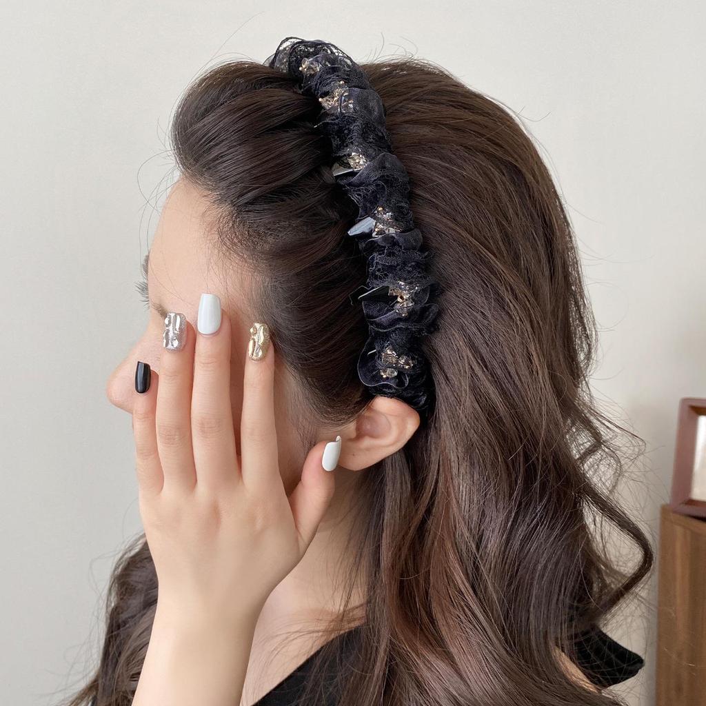 Women's Korean Lace Rhinestone Mesh Headband - Non-Slip, Face-Slimming, High-Top Design.