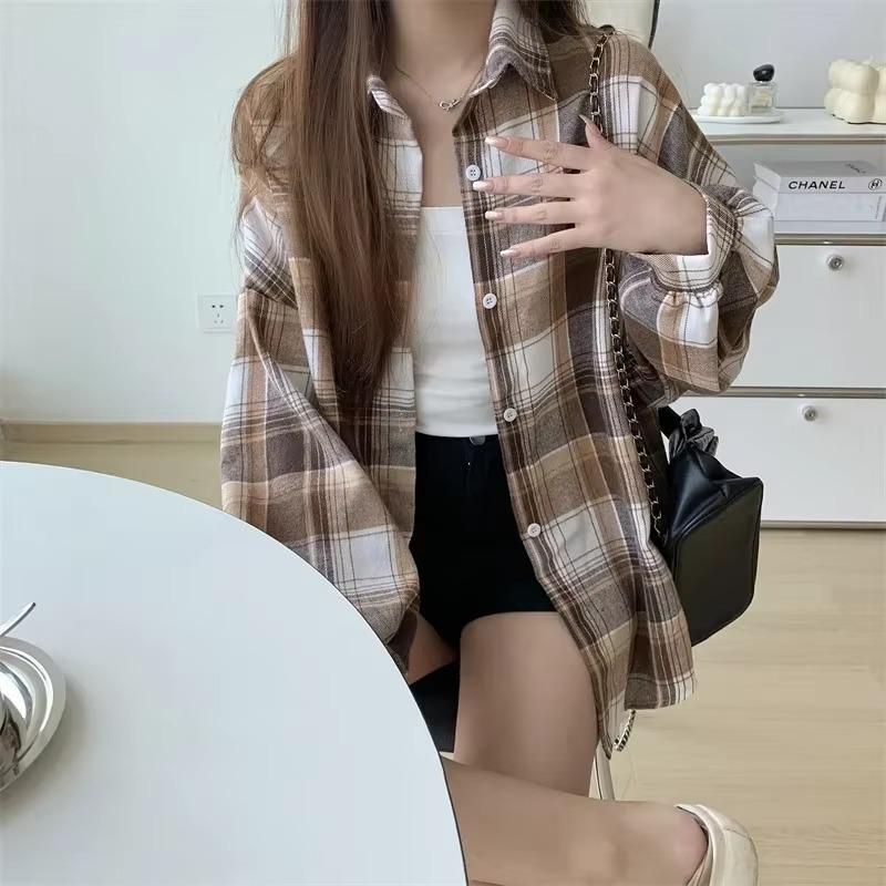 Plaid Shirt Women Fashion Autumn Long Sleeve Top Female Vintage Single Breasted Blouse Ladies Preppy Style Loose Check Shirts
