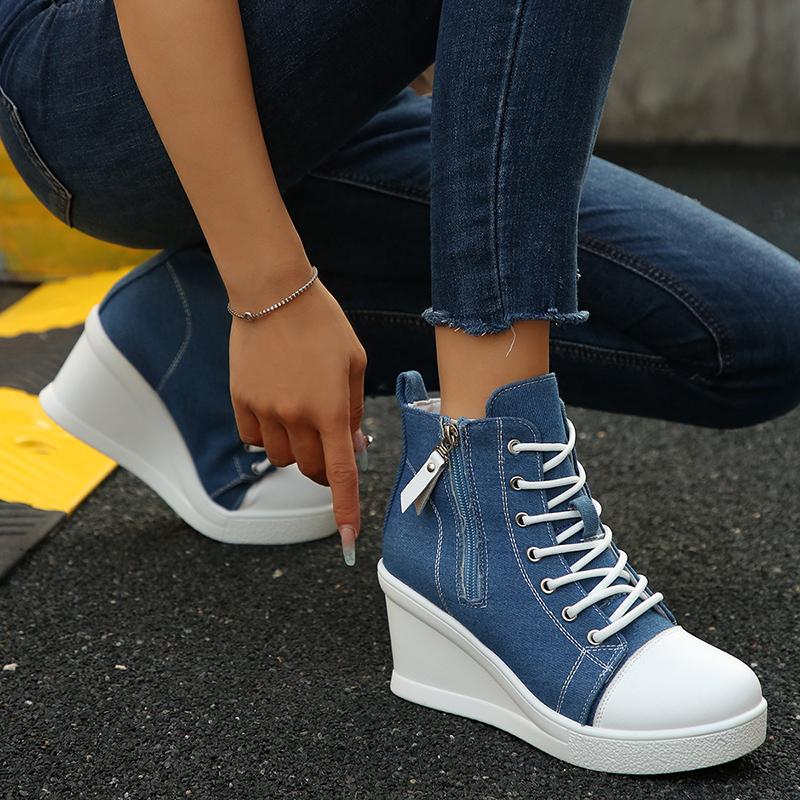 Fashion Women's Platform Wedge Heel High Top Sneakers Blue Denim Casual Canvas Shoes Woman Fashion Thick Sole Lace Up Vulcanized Shoes