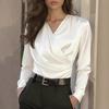 Women Shirt Versatile Slim Fit V-Neck Work Blouse Solid Color Long Sleeve Wrinkle Resistant Office Commute Shirt