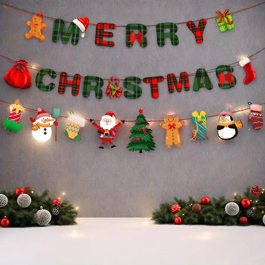 1set Merry Christmas Banners Decoration Santa Claus Snowman Paper Hanging Banner Red Green Xmax Pendant Christmas Decorations