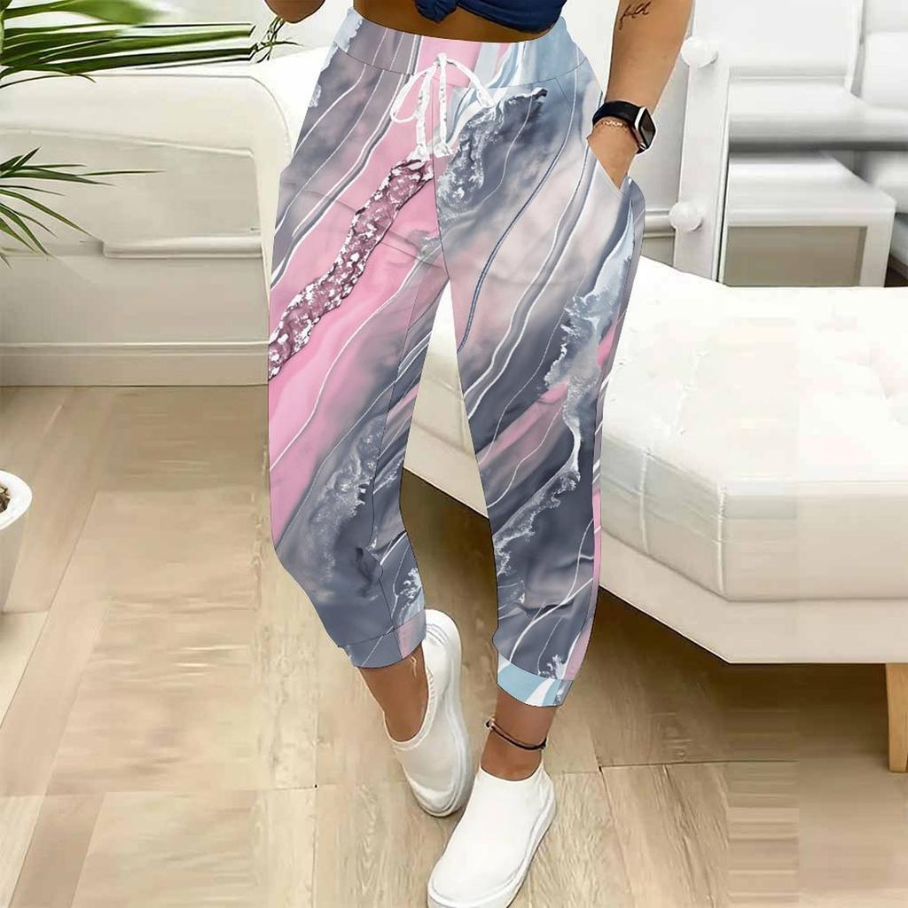 Summer Ladies Geometric Line Printed Sweatpants Loose Fit Drawstring Joggers Elastic Cuff Daily Casual Pants