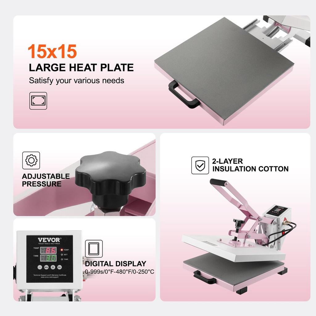 Heat Press Machine 15x15 In Slide Out Heat Transfer Machine T-Shirts Pink