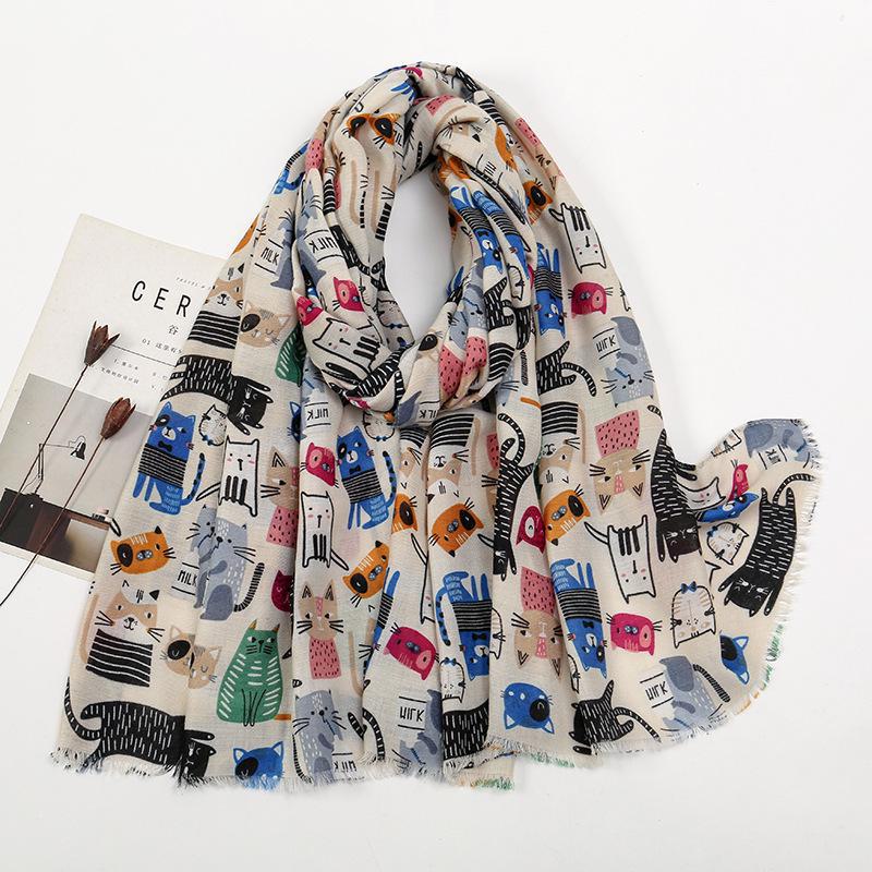 Cotton and Linen Cartoon Cat and Dog Scarf – Autumn/Winter Warm Shawl for Ladies