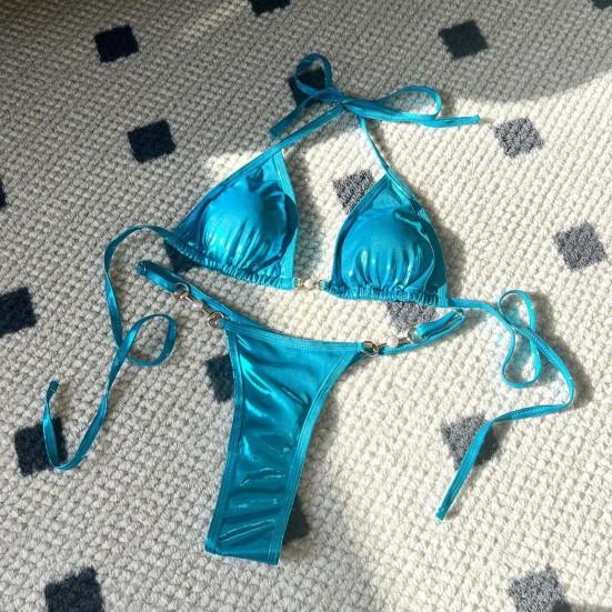2 ks/sada Dámské sexy bikini set světlý povrch umělá perla podprsenka šněrovací sada tanga rychleschnoucí plavky plážové oblečení