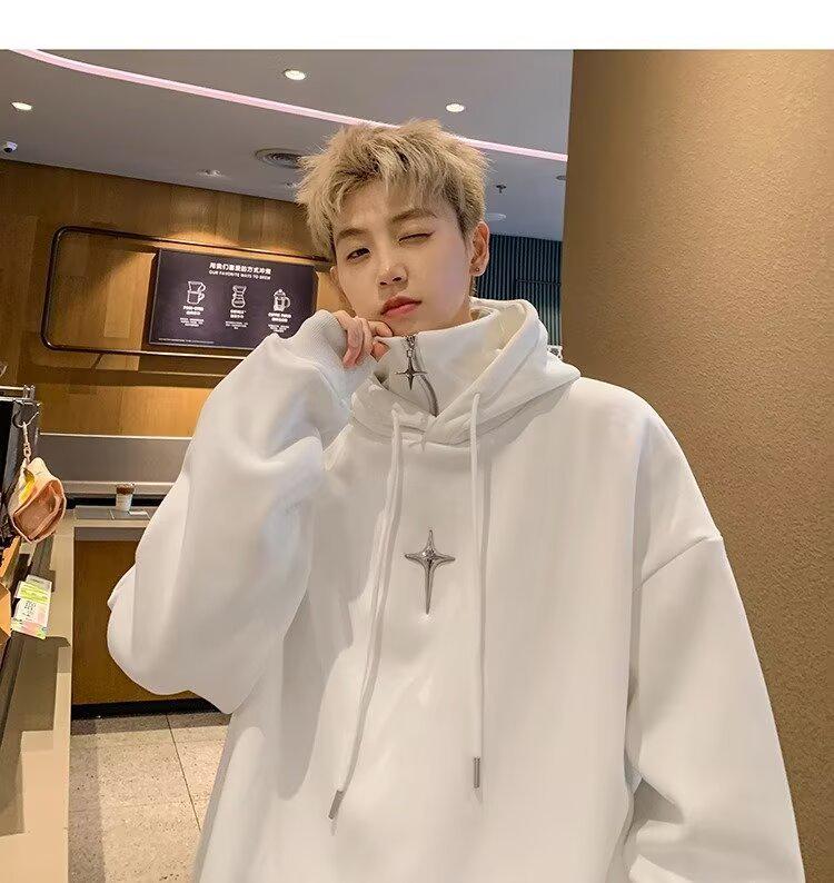 Men's Winter Thick Velvet High-Neck Oversized Hoodie - Trendy American Style