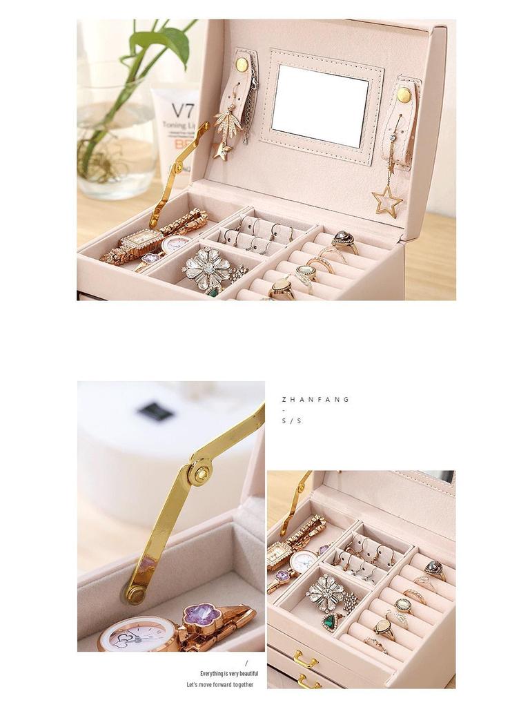 Boîte à bijoux en cuir PU triple couche avec double tiroir - Solution de rangement style princesse