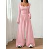 Women Fashion Casual Long Sleeve Square Neck Solid Wide Leg Jumpsuit