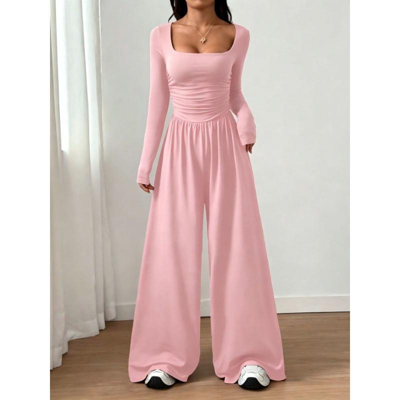 Women Fashion Casual Long Sleeve Square Neck Solid Wide Leg Jumpsuit
