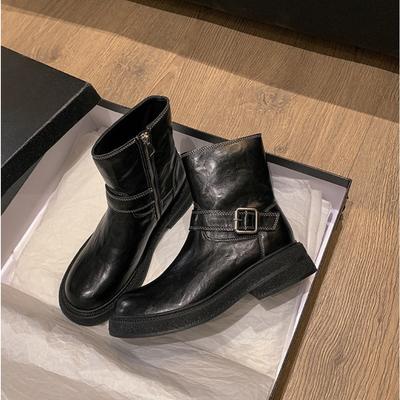 Stiefelette Damen Herbst Winter Neu Seitlicher Reißverschluss Dicksohlige Mittelhohe Stiefel Damen Retro Runde Zehenpartie Dicker Absatz Dünne Kurze Stiefel Damen