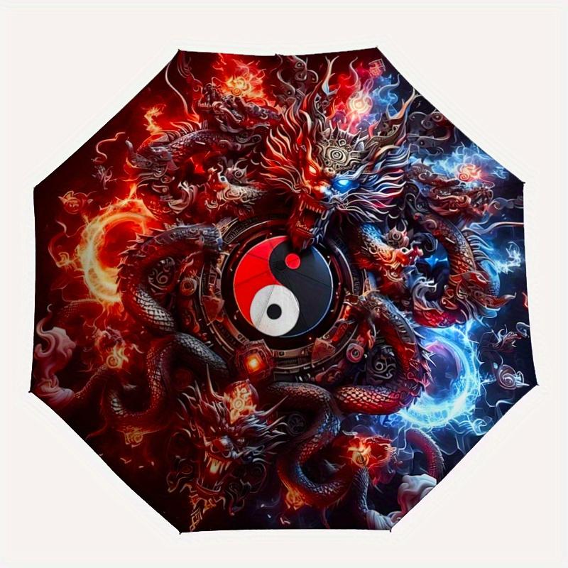 1pc Fire and Ice Yin Yang Dragons Fully Automatic Folding Portable Umbrella, 8 Iron Frames, Three-Fold Design, Suitable for All Seasons, Suitable