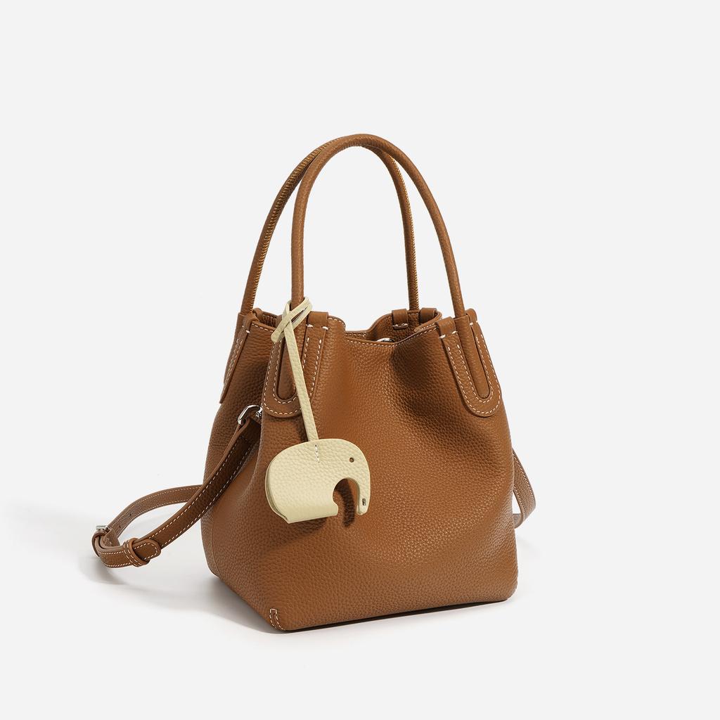 Style Textured Top Layer Cowhide Vegetable Basket Bag Simple And Versatile Mobile Phone Crossbody Bag Commuting Single Shoulder Bucket Bag