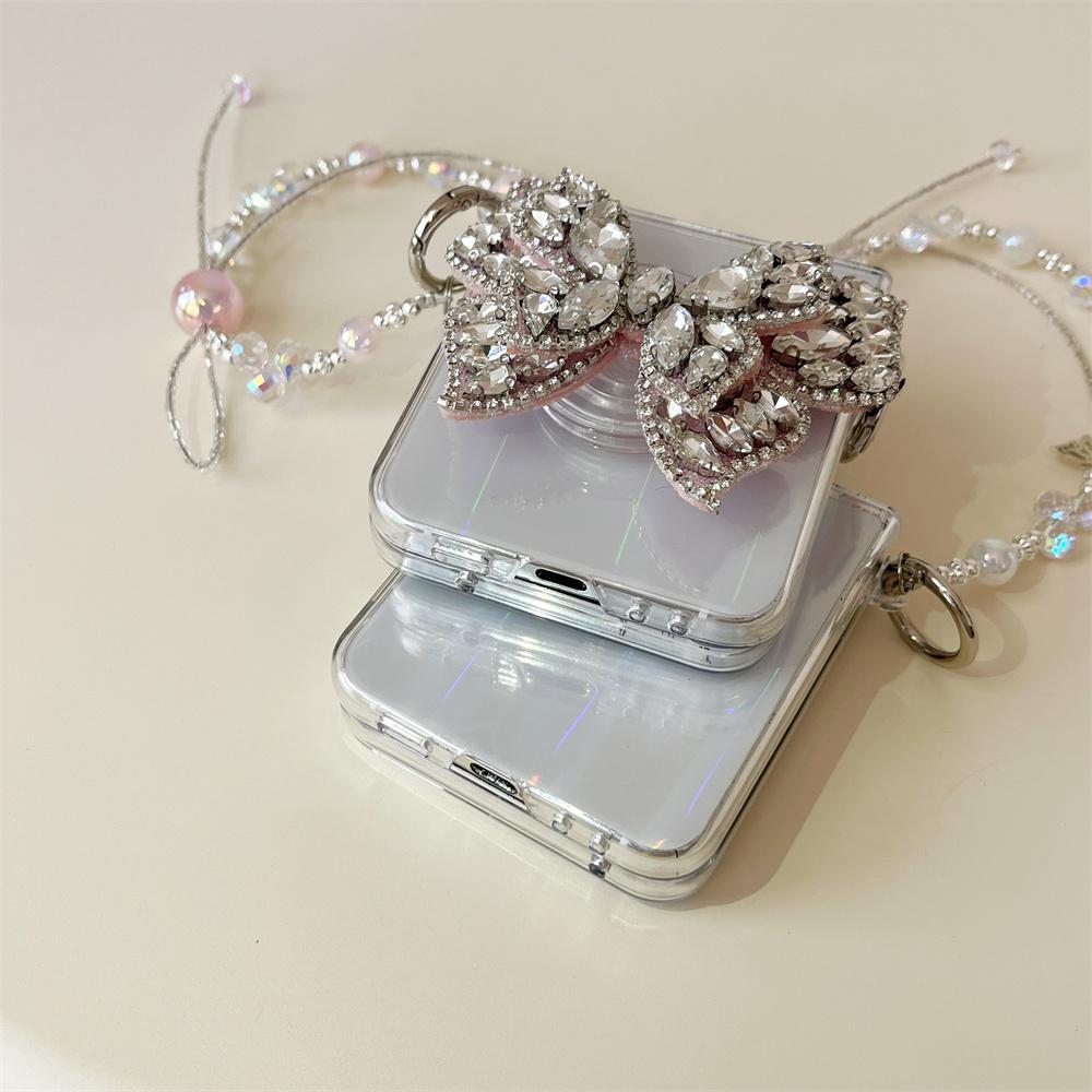 Luxury Glitter Pearl Lanyard Chain Phone Case For Samsung Galaxy Z Flip 6 5 4 3 Flip5 5G Shining Back Card Cover For ZFlip3 Flip