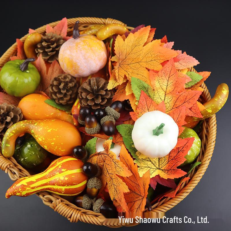 Halloween Decoration Set: Fake Pumpkins, Red Maple Leaves, Pine Cones, Acorns & Backdrop Props