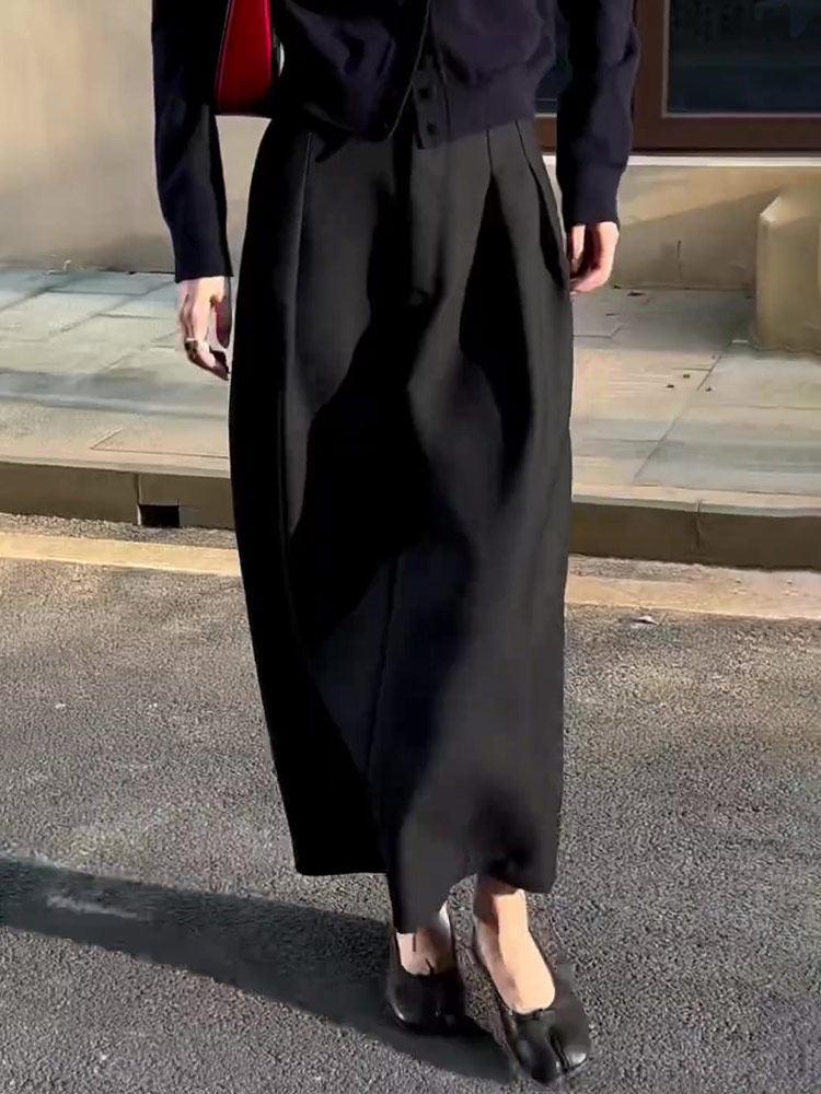 Women's Black Tulip High-Waist Skirt - Slimming, Plus Size, 2025 Autumn/Winter Fashion