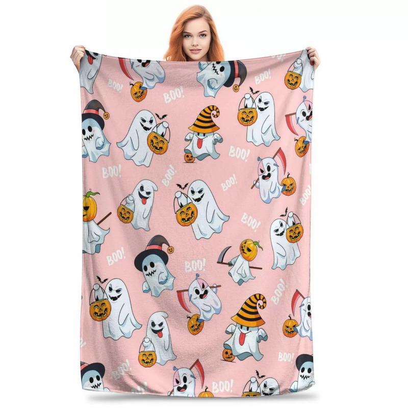 Gruseliges Halloween-Print-Kuscheldecke | Rundum-Design mit Kürbis, Fledermaus & Hexenhut auf gemütlichem Flanell Verschiedener Stil