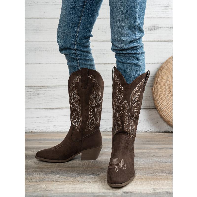 2025 Fashion Fall/Winter New Mid-Heeled Women's Boots Round Toe Plus Size Embroidered Western Women's Boots