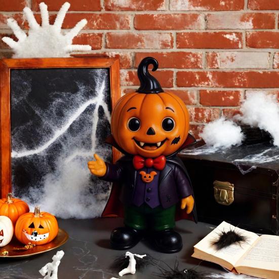 Halloween Pumpkin Kid Figurine Mini Resin Demon Pumpkin Statue Spooky Tabletop Ornament for Outdoor Indoor Home Garden Decoration