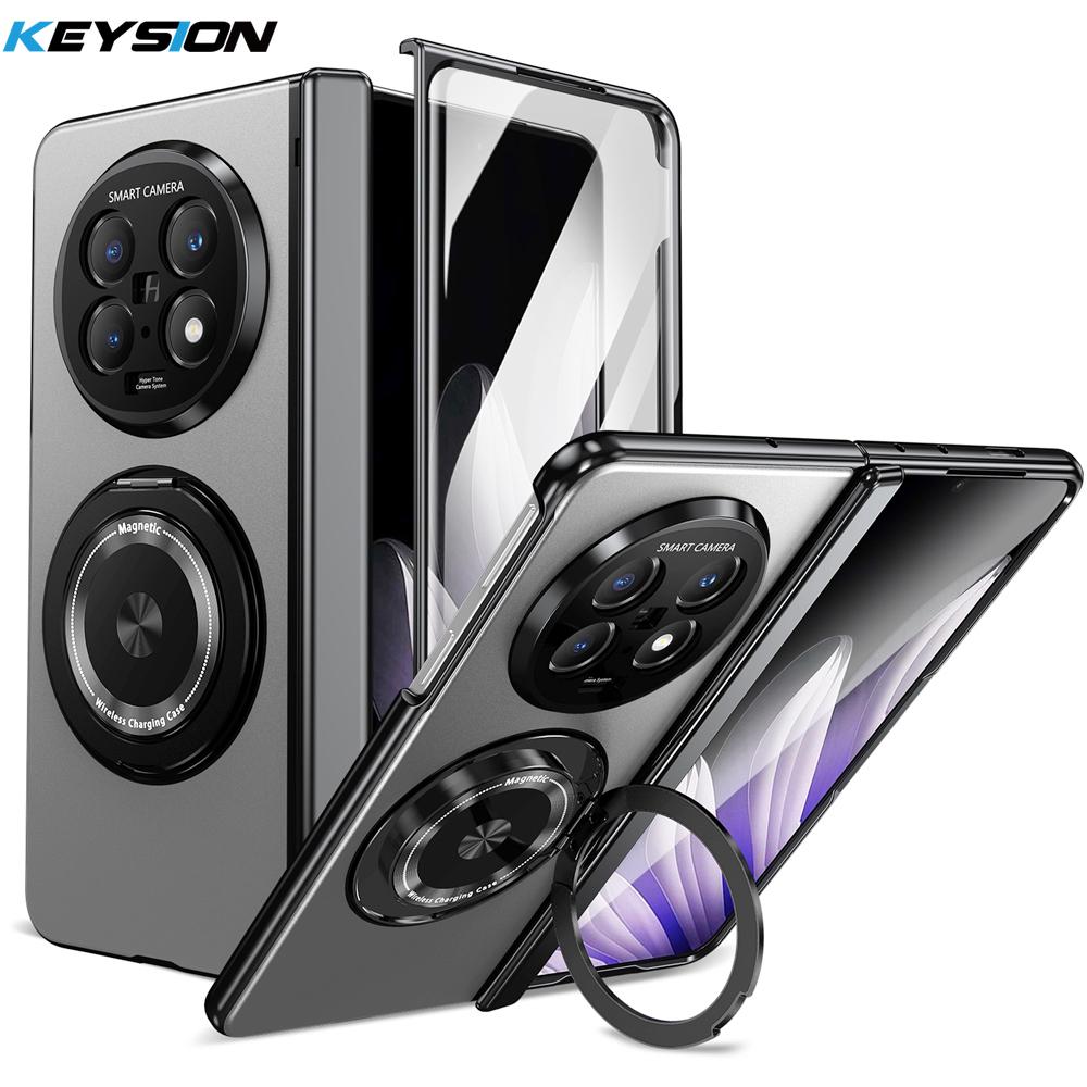 KEYSION 360° Rotating Magnetic Ring Stand Phone Case for MagSafe for OPPO Find N5 Hinge Phone Cover with Glass Screen Protector